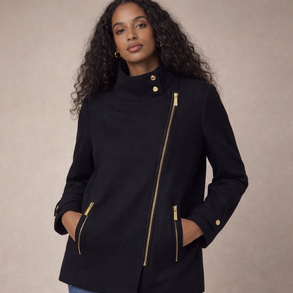 NWT Michael Kors Wool Blend‎ Asymmetrical Zip Moto Coat  14 Black Gold Hardware